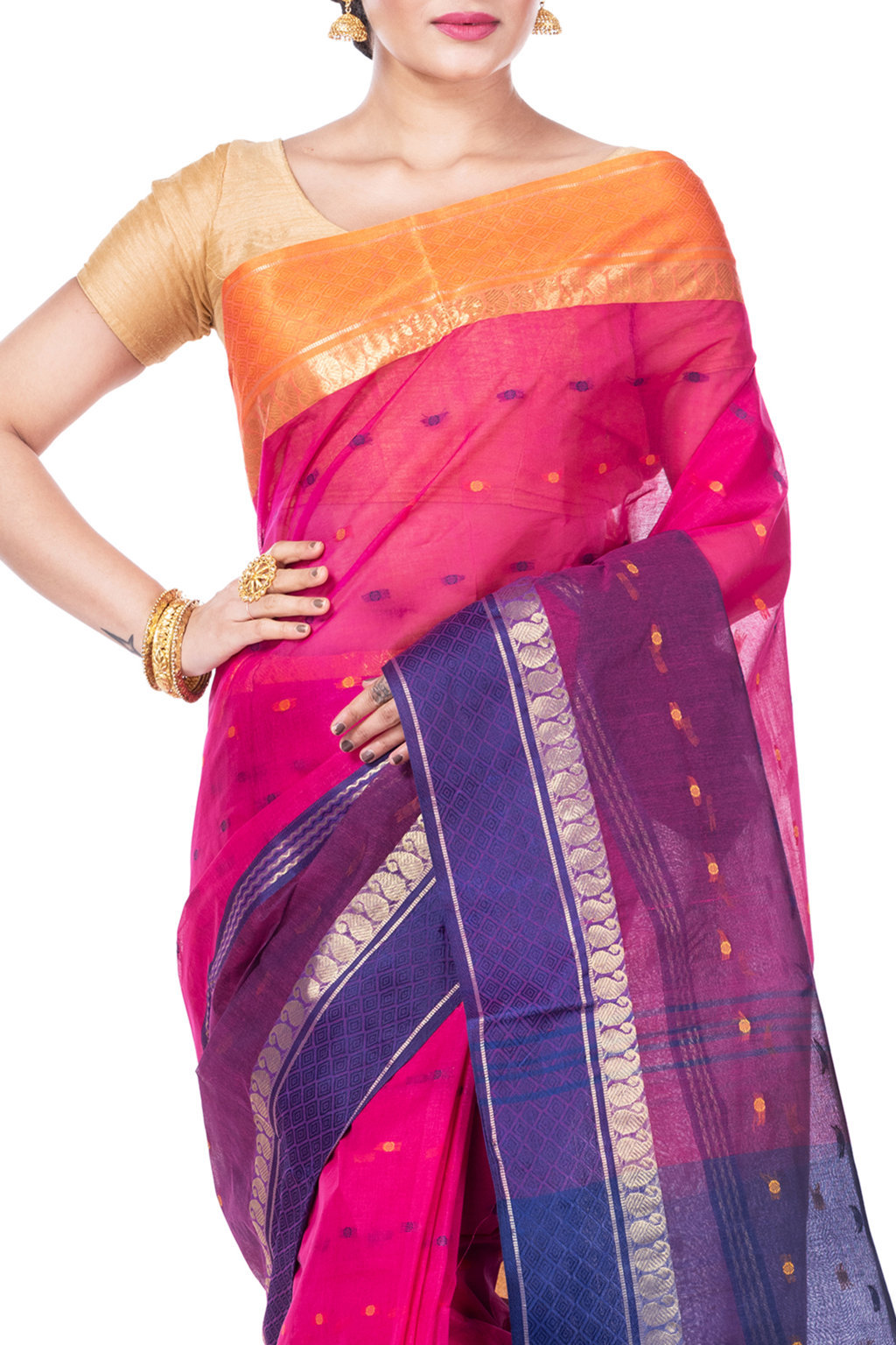 Pink Pure Cotton Ganga Jamuna_Buti Tant Saree (647)